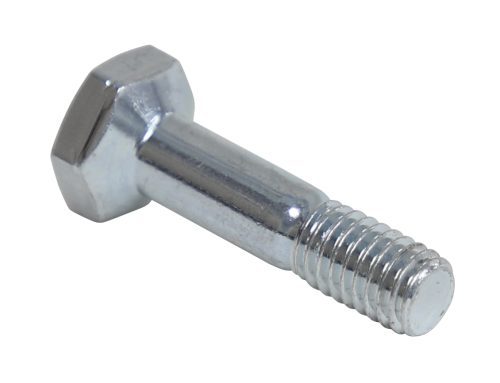 A shiny metallic hexagonal bolt is displayed on a white background, ideal for securing your Quantum Post Leveler (4 Pack). It features a threaded end and smooth shaft for quick, easy installation.