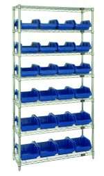 The Quantum Bin System Unit is a stationary chrome-plated metal shelving unit with four posts, seven wire shelves, and includes 24 blue bins (12-1/2L x 8-3/8W x 5H) suitable for dry storage applications.