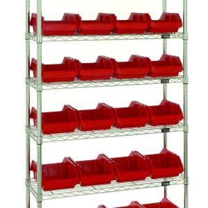 The Quantum Bin System Unit is a stationary shelving solution with (7) wire shelves, (4) posts, and (24) 12-1/2L x 8-3/8W x 5H red bins (QP1285). It boasts a chrome-plated finish ideal for dry storage, optimizing organization stylishly and efficiently.