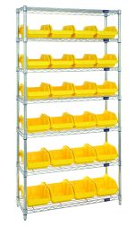The Quantum Bin System Unit comprises 7 wire shelves with a chrome finish, each holding four bright yellow 12-1/2L x 8-3/8W x 5H bins (QP1285). It includes four stationary posts for stability and is suitable for dry storage applications.
