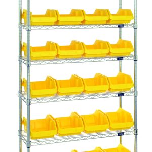 The Quantum Bin System Unit comprises 7 wire shelves with a chrome finish, each holding four bright yellow 12-1/2L x 8-3/8W x 5H bins (QP1285). It includes four stationary posts for stability and is suitable for dry storage applications.