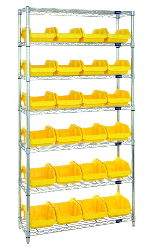 W7-12-24_YL.jpg The Quantum Bin System Unit comprises 7 wire shelves with a chrome finish, each holding four bright yellow 12-1/2L x 8-3/8W x 5H bins (QP1285). It includes four stationary posts for stability and is suitable for dry storage applications.