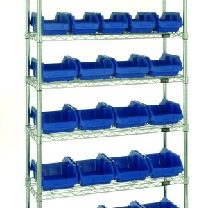 The Quantum Bin System Unit features a stationary setup with chrome finish, including 4 posts and 7 wire shelves. It holds 10 bins (12-1/2L x 6-5/8W x 5H) and 16 blue bins (12-1/2L x 8-3/8W x 5H), ideal for dry storage. The unit is shipped knocked down for easy assembly.