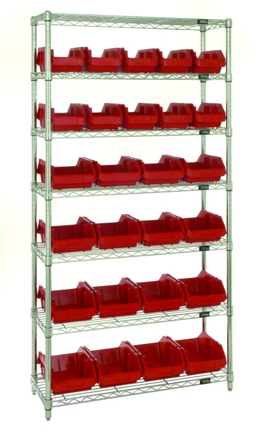W7-12-26_RD.jpg The Quantum Bin System Unit is stationary and includes 4 posts, 7 wire shelves, and a total of 16 red bins (QP1285), each measuring 12-1/2L x 8-3/8W x 5H. This setup features chrome-plated shelving suitable for dry storage applications, shipped knocked down.