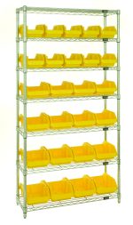 The Quantum Bin System Unit features 7 wire shelves and 16 spacious yellow bins (QP1285), each measuring 12-1/2L x 8-3/8W x 5H, ideal for organizing. The chrome-plated unit includes posts and is shipped KD, suitable for dry storage applications.