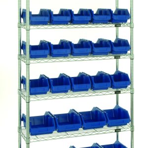 The Quantum Bin System Unit is a tall chrome-plated metal shelving with seven wire shelves and 28 blue bins. It includes four posts and is stationary, making it ideal for dry storage applications. The unit features open-top bins against a plain white background, with dimensions provided for each.