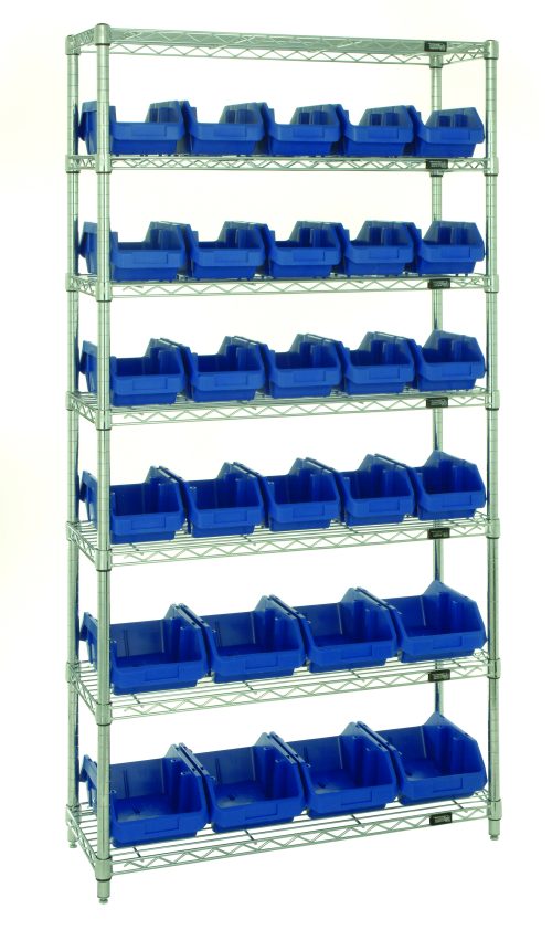 The Quantum Bin System Unit is a tall chrome-plated metal shelving with seven wire shelves and 28 blue bins. It includes four posts and is stationary, making it ideal for dry storage applications. The unit features open-top bins against a plain white background, with dimensions provided for each.