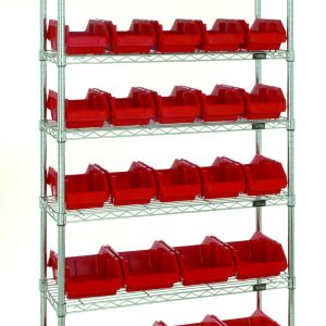 The Quantum Bin System Unit features a chrome-plated finish, 7 wire shelves, and includes 20 red bins (QP1265) measuring 12-1/2L x 6-5/8W x 5H and 8 larger red bins (QP1285). It is stationary and suitable for dry storage applications.
