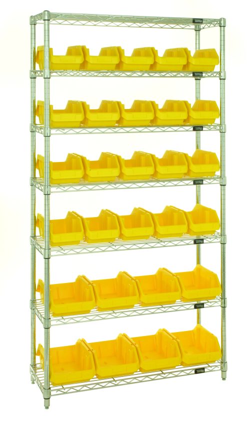 The Quantum Bin System Unit, a stationary metal shelving unit with seven wire shelves, features twenty QP1265 bins and eight bright yellow QP1285 bins. Chrome plated for dry storage, it comes with four posts and is displayed against a plain white background for optimal organization.