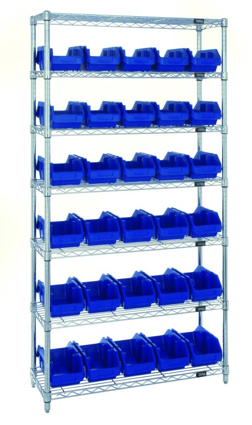 The Quantum Bin System Unit, stationary with chrome-plated finish, includes 4 posts, 7 wire shelves, and 30 blue bins (12-1/2L x 6-5/8W x 5H), ideal for efficient dry storage organization.