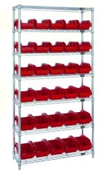 The Quantum Bin System Unit features a chrome-plated stationary shelving unit with seven wire shelves. It includes 30 red plastic bins (12-1/2L x 6-5/8W x 5H) and four supporting posts, ideal for dry storage. Shipped KD against a white background.