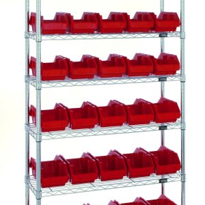 The Quantum Bin System Unit features a chrome-plated stationary shelving unit with seven wire shelves. It includes 30 red plastic bins (12-1/2L x 6-5/8W x 5H) and four supporting posts, ideal for dry storage. Shipped KD against a white background.