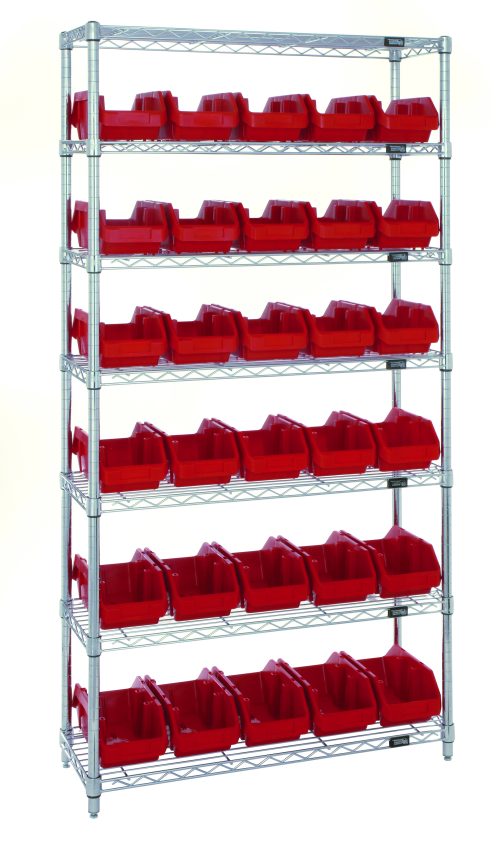 The Quantum Bin System Unit features a chrome-plated stationary shelving unit with seven wire shelves. It includes 30 red plastic bins (12-1/2L x 6-5/8W x 5H) and four supporting posts, ideal for dry storage. Shipped KD against a white background.