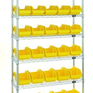 A chrome-plated Quantum Bin System Unit with (4) posts, (7) wire shelves, and (30) 12-1/2L x 6-5/8W x 5H yellow bins, perfect for dry storage. Shipped KD against a plain white background.