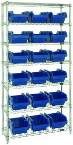 The Quantum Bin System Unit is a chrome-plated stationary shelving unit with 7 wire shelves, featuring 18 blue bins (14L x 8-1/4W x 6-1/2H), ideal for dry storage applications. It includes four posts and is shipped KD.
