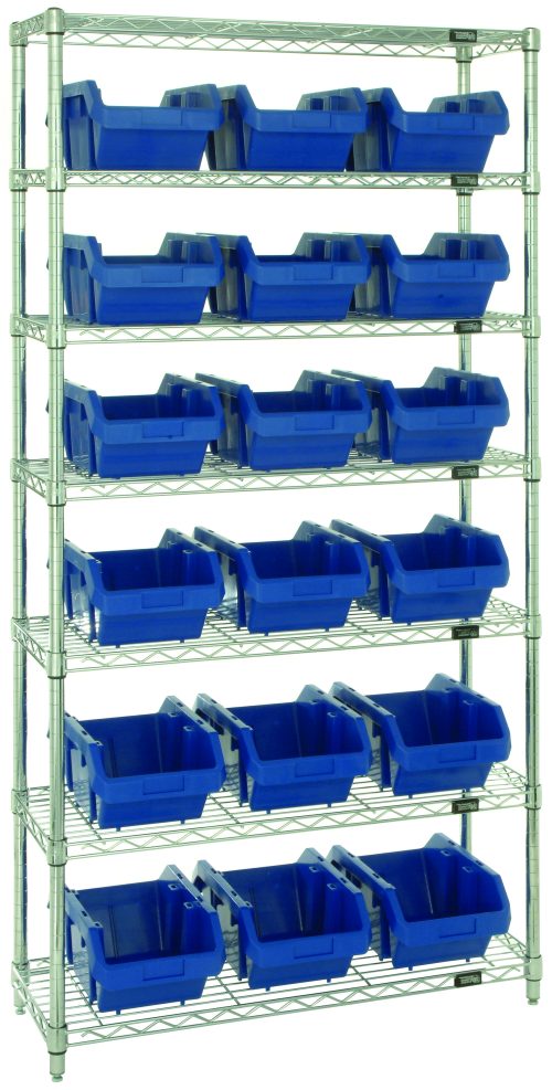 The Quantum Bin System Unit is a chrome-plated stationary shelving unit with 7 wire shelves, featuring 18 blue bins (14L x 8-1/4W x 6-1/2H), ideal for dry storage applications. It includes four posts and is shipped KD.