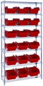 The Quantum Bin System Unit is a stationary rack featuring a chrome-plated finish, including four posts and seven wire shelves. It holds 18 red bins (14L x 8-1/4W x 6-1/2H), ideal for dry storage applications. Shipped KD, its grid design ensures stability and organization.