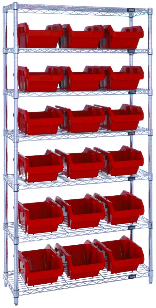 The Quantum Bin System Unit is a stationary rack featuring a chrome-plated finish, including four posts and seven wire shelves. It holds 18 red bins (14L x 8-1/4W x 6-1/2H), ideal for dry storage applications. Shipped KD, its grid design ensures stability and organization.