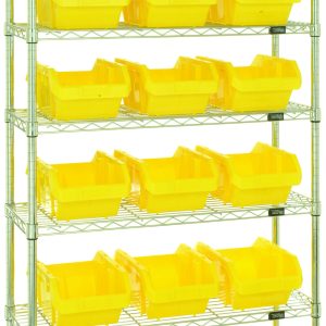 The Quantum Bin System Unit features a chrome-plated finish with seven wire shelves and 18 yellow bins (14L x 8-1/4W x 6-1/2H) supported by four posts. Ideal for dry storage, the stationary system provides organized, open-top bin arrangements and ships knocked down.