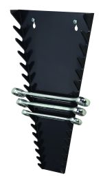 The Quantum Wrench Holder is a black high-impact polystyrene rack measuring 1L x 7-1/8W x 11-5/8H. It holds up to 15 wrenches of various sizes, features angled slots and two wall-mounting holes. Made in the USA (mounting hardware not included).