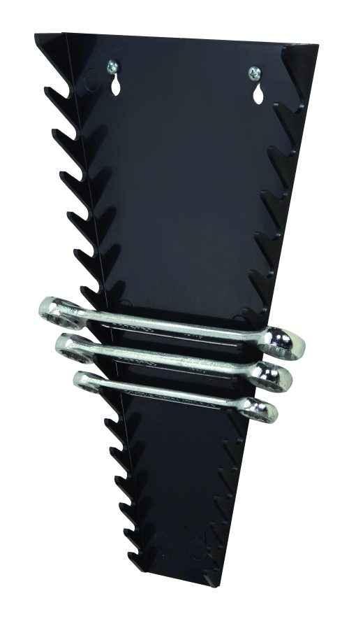 The Quantum Wrench Holder is a black high-impact polystyrene rack measuring 1L x 7-1/8W x 11-5/8H. It holds up to 15 wrenches of various sizes, features angled slots and two wall-mounting holes. Made in the USA (mounting hardware not included).