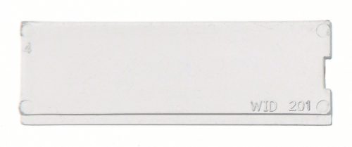 A rectangular Quantum Clear Window microscope slide with beveled edges, featuring a clear window and etched with WID 201 in the bottom right corner. Equipped with small circular indentations in all corners, its designed for use with IDR201 (pack of 25).