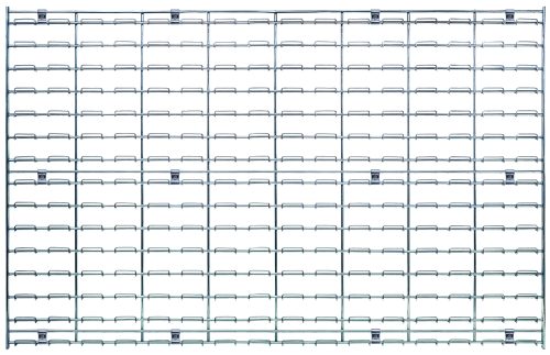 The Quantum Wire Louvered Panel features a chrome-plated metal grid with horizontal and vertical bars forming rectangles, measuring 48L x 30H. It includes direct mounting clips (hardware not included), set against a plain white background.