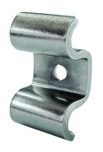 The Quantum Wire Louvered Panel Mounting Clip is a silver metal clamp with a curved design and central hole, perfect for direct wall mounting. Its shiny surface enhances the smooth, industrial look. Sold in packs of 4, hardware not included.