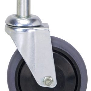 The Quantum Casters set includes four 5 swivel wheels (two with brakes), featuring a black rubber wheel and shiny metal mounting bracket for furniture or equipment mobility, adding sophistication and ease.