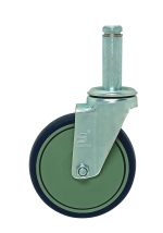 A single Quantum swivel caster (green rubber tread, silver bracket, mounting stem) stands on a white background. Its part of a set of four 5 swivel casters, two with brakes, made from thermoplastic resin.