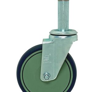 A single Quantum swivel caster (green rubber tread, silver bracket, mounting stem) stands on a white background. Its part of a set of four 5 swivel casters, two with brakes, made from thermoplastic resin.