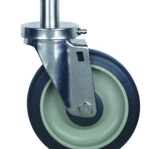 The Quantum Casters set includes four 5 swivel wheels, two equipped with brakes. Each caster features a black polyurethane outer wheel and a metal bracket for attaching to a silver cylindrical post, providing industrial strength suitable for furniture or equipment use.
