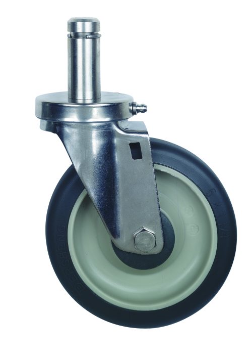 The Quantum Casters set includes four 5 swivel wheels, two equipped with brakes. Each caster features a black polyurethane outer wheel and a metal bracket for attaching to a silver cylindrical post, providing industrial strength suitable for furniture or equipment use.