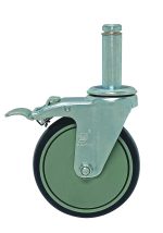 The Quantum Casters set includes five 5 swivel wheels with a black outer rim and green core, featuring metal brackets and stems. Each thermoplastic resin caster has a locking mechanism for secure mobility.