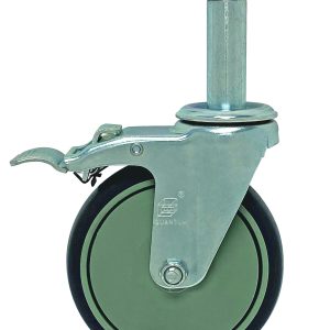 The Quantum Casters set includes five 5 swivel wheels with a black outer rim and green core, featuring metal brackets and stems. Each thermoplastic resin caster has a locking mechanism for secure mobility.