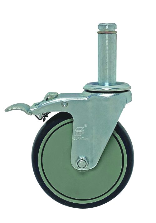 The Quantum Casters set includes five 5 swivel wheels with a black outer rim and green core, featuring metal brackets and stems. Each thermoplastic resin caster has a locking mechanism for secure mobility.