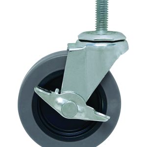 The Quantum Casters set includes four 3 swivel casters with brakes, featuring a metal bracket, grey polyurethane outer wheels, and a threaded stem for mounting. The design ensures stability with its reliable locking mechanism.