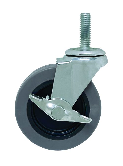 The Quantum Casters set includes four 3 swivel casters with brakes, featuring a metal bracket, grey polyurethane outer wheels, and a threaded stem for mounting. The design ensures stability with its reliable locking mechanism.