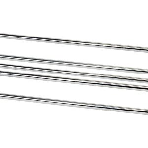 A chrome-finished, wall-mounted Quantum Bin Slide with double parallel bars, designed for hanging items efficiently. Compatible with Triple Bay Bin Carts.