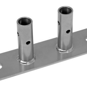 The Quantum Double Seismic Foot Plate has a flat rectangular base with vertically welded cylindrical tubes. Its sturdy base includes two round mounting holes for stability and offers a sleek, shiny finish that enhances its robust design.