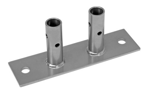 The Quantum Double Seismic Foot Plate has a flat rectangular base with vertically welded cylindrical tubes. Its sturdy base includes two round mounting holes for stability and offers a sleek, shiny finish that enhances its robust design.
