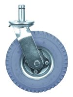 The Quantum Caster, 8 swivel with a metal bracket and axle, features a durable rubber pneumatic tire for optimal mobility and excellent grip. Its shiny stainless steel finish adds a touch of elegance.