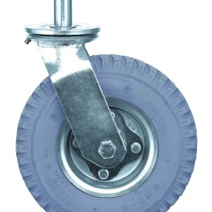 The Quantum Caster, 8 swivel with a metal bracket and axle, features a durable rubber pneumatic tire for optimal mobility and excellent grip. Its shiny stainless steel finish adds a touch of elegance.