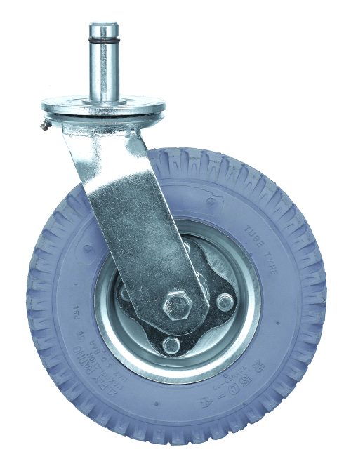 The Quantum Caster, 8 swivel with a metal bracket and axle, features a durable rubber pneumatic tire for optimal mobility and excellent grip. Its shiny stainless steel finish adds a touch of elegance.