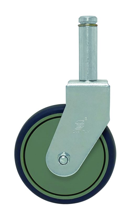 The Quantum Caster, 5 rigid model, features a gray and green design with a metal bracket and steel stem. Made from thermoplastic resin, it has a smooth black edge and is mounted vertically against a white backdrop.