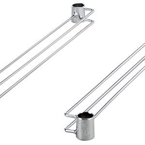 Two chrome supports for adjustable shelves, each with cylindrical brackets on parallel rods, perfect for a 24D setup. Designed for use with Quantum Bin Slide, Single, 24D, compatible with Double and Triple Bay Bin Carts featuring a bin slide. Ideal sturdy and sleek framing solution.
