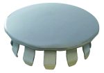 The Quantum Shelf Collar Plug, available in a 4-pack, is a round, metallic drainage cover featuring a smooth surface and six protruding clips underneath, designed to fit into a drainage opening and also serves as a versatile shelf collar plug.