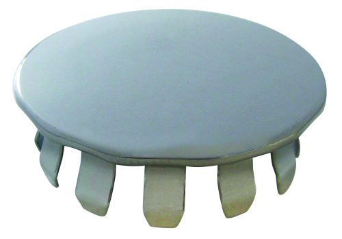 The Quantum Shelf Collar Plug, available in a 4-pack, is a round, metallic drainage cover featuring a smooth surface and six protruding clips underneath, designed to fit into a drainage opening and also serves as a versatile shelf collar plug.