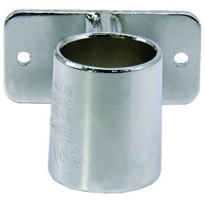 The Quantum Post Wall Mount Bracket is a chrome-plated metal tube holder for one post, featuring a circular opening and rectangular mounting plate with screw holes. It includes engraved text and a certification mark, making it an ideal choice.