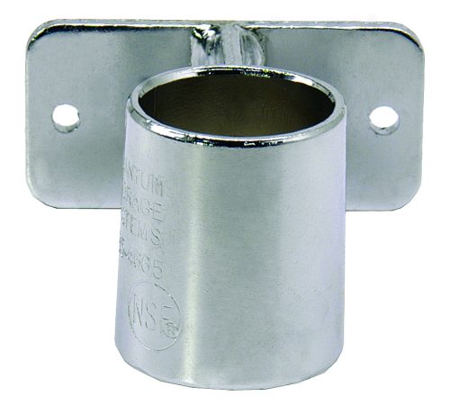 The Quantum Post Wall Mount Bracket is a chrome-plated metal tube holder for one post, featuring a circular opening and rectangular mounting plate with screw holes. It includes engraved text and a certification mark, making it an ideal choice.